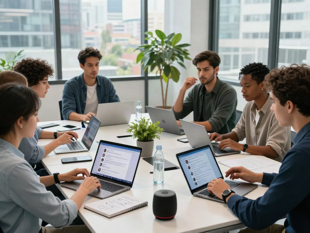 AI chat porn discussion in a modern workspace with engaged professionals and tech devices.