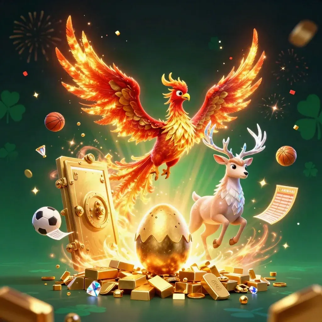 Phoenix, stag, and hatching chick amid vault treasure, neon sparks, and casino energy.