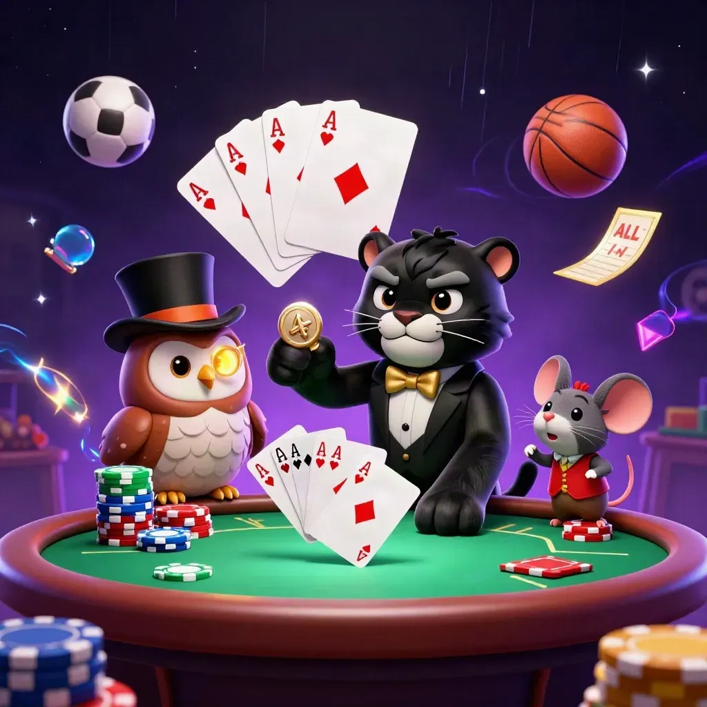 Panther, owl and mouse deal cards amid chips, balls and neon casino energy.