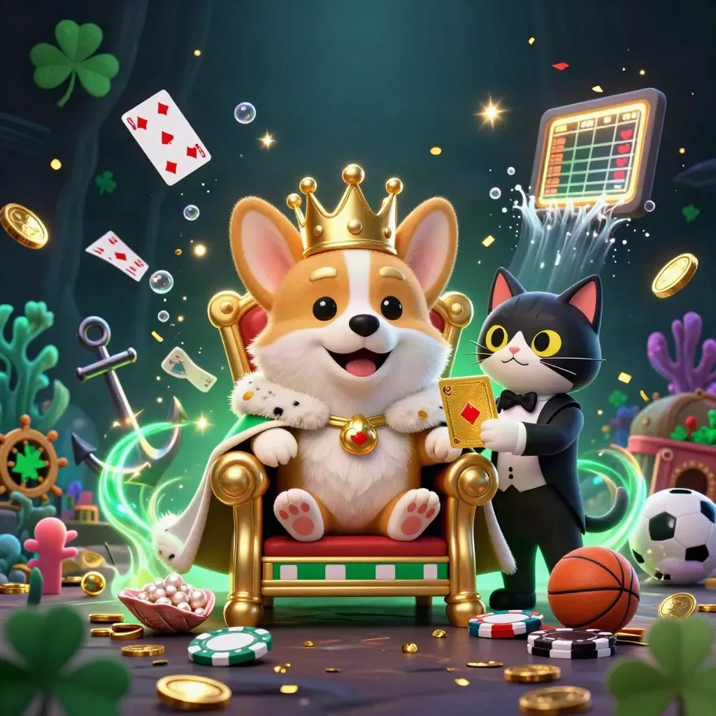 Royal corgi and cat butler amid coins, cards, balls and glowing casino treasure cove.
