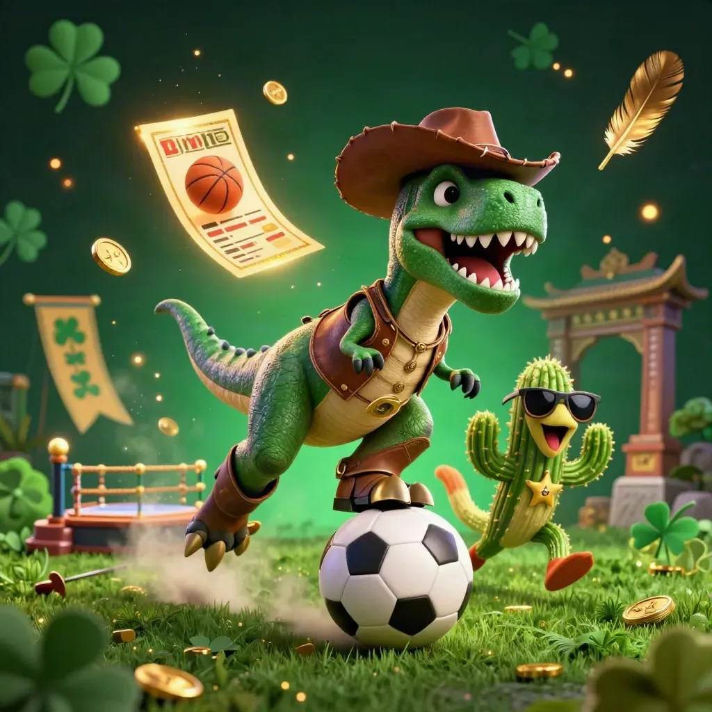 Cowboy T-Rex, cactus and roadrunner explode around a soccer ball, coins and neon casino lights