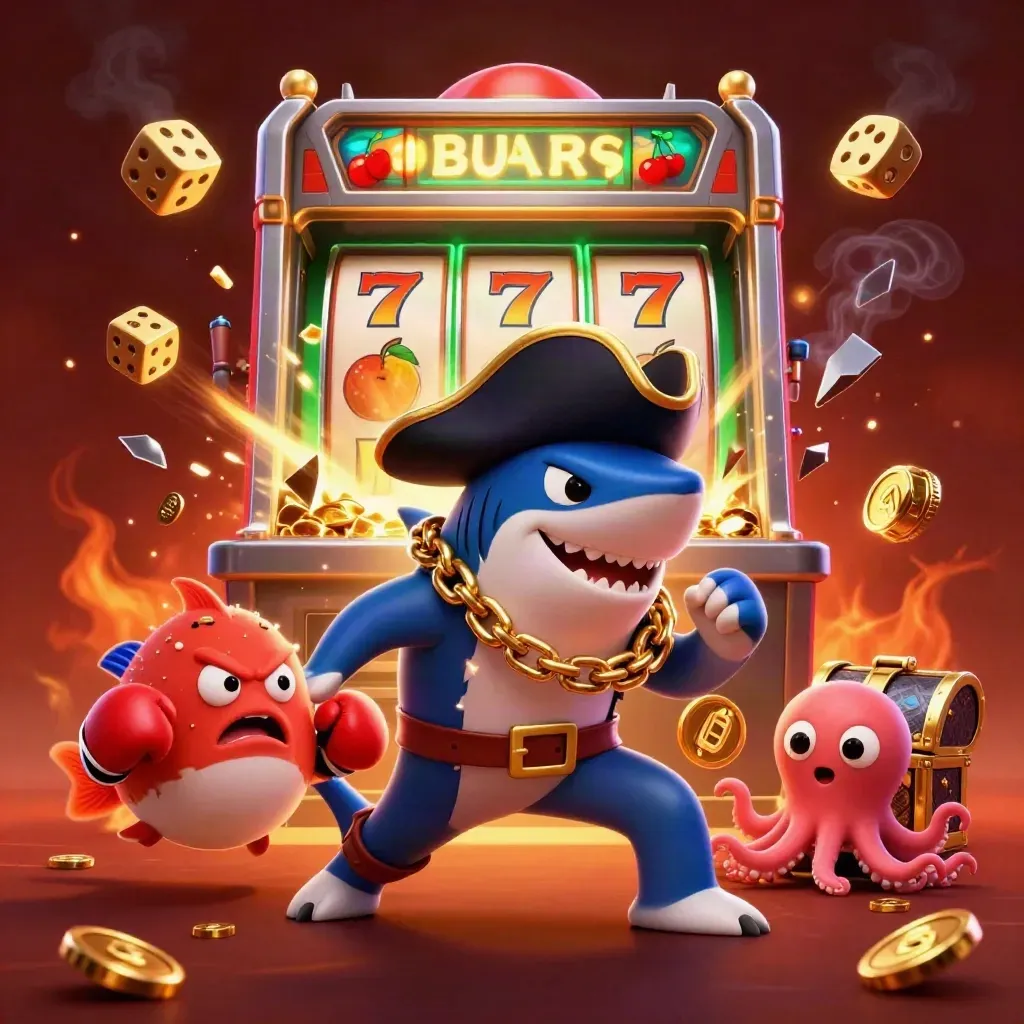 Pirate shark, boxing pufferfish and coin-juggling octopus amid a bursting slot machine and gold