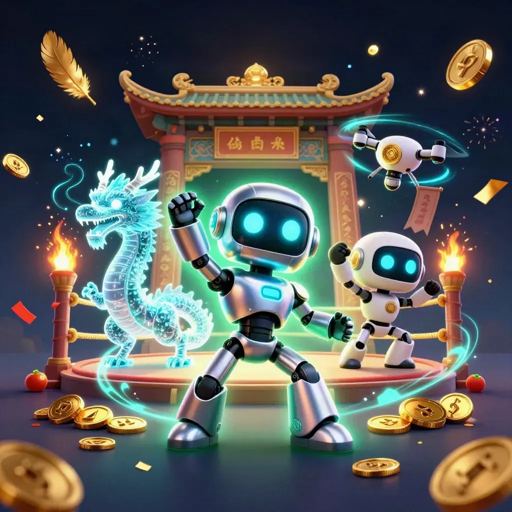 Cyberpunk robot, holographic dragon and coin drone burst through a neon casino fantasy gate.