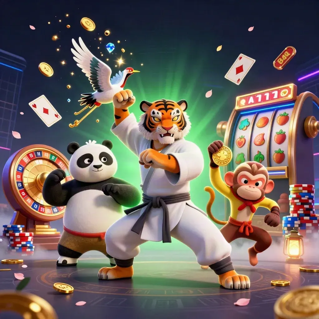 Tiger, panda, and monkey amid casino coins, gems, chips, and a spinning roulette wheel.