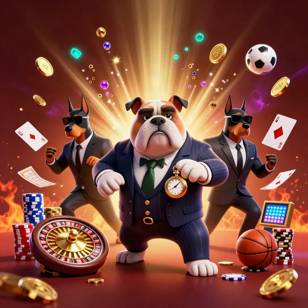 Mafia-boss bulldog and Doberman guards amid coins, roulette wheel, chips, and neon casino effects.