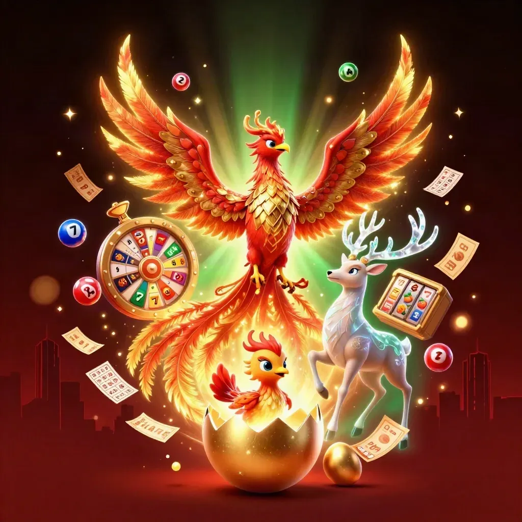 Fire phoenix, hatching baby phoenix, and crystal stag amid spinning reels, lottery balls, and gold sparks.