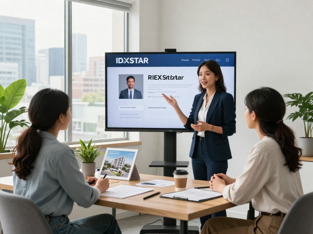 Real estate agent showcasing IDXSTAR software to clients in a modern office setting.